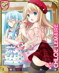 Rule 34 | 2girls, annoyed, black legwear, blonde hair, blue eyes, blue hair, breasts, card (medium), character name, chloe lemaire, closed mouth, closed eyes, girlfriend (kari), jacket, large breasts, long hair, multiple girls, official art, open mouth, pink jacket, qp:flapper, red skirt, shirt, skirt, standing, store, surprised, tagme, thighhighs, white shirt