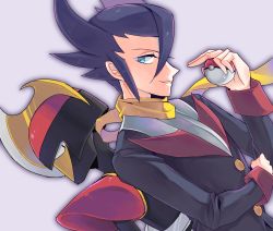 Rule 34 | 1boy, back-to-back, bisharp, black eyes, black hair, black jacket, blue eyes, creatures (company), dutch angle, elite four, eye contact, game freak, gen 5 pokemon, grey background, grimsley (pokemon), hair between eyes, hand up, happy, highres, holding, holding poke ball, jacket, long sleeves, looking at another, looking back, male focus, nago celica, nintendo, parted lips, poke ball, poke ball (basic), pokemon, pokemon (creature), pokemon bw, scarf, short hair, simple background, smile, standing, teeth, upper body, yellow scarf
