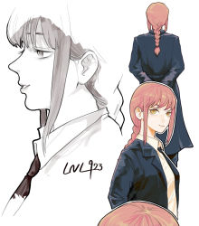 Rule 34 | 1girl, black jacket, black necktie, black pants, braid, braided ponytail, breasts, business suit, chainsaw man, collared shirt, formal, highres, jacket, lnl, long sleeves, looking at viewer, looking to the side, makima (chainsaw man), medium breasts, medium hair, necktie, neckwear request, pants, parted lips, ringed eyes, shirt, simple background, smile, solo, standing, suit, white background, yellow eyes