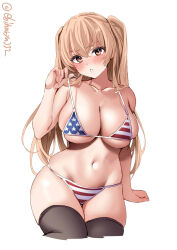 Rule 34 | 1girl, alternate breast size, american flag bikini, american flag print, bare shoulders, bikini, black thighhighs, blush, breasts, brown eyes, collarbone, commentary request, cropped legs, ebifurya, flag print, hair between eyes, highres, johnston (kancolle), kantai collection, large breasts, light brown hair, long hair, looking at viewer, navel, one-hour drawing challenge, print bikini, simple background, skindentation, solo, star (symbol), star print, strap gap, striped bikini, striped clothes, swimsuit, thighhighs, thighs, twitter username, two side up, underboob, white background