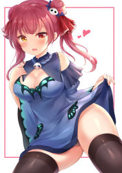 Rule 34 | 1girl, black thighhighs, blue dress, breasts, cleavage, cleavage cutout, clothing cutout, commentary request, cosplay, double bun, dress, hair bun, hair ornament, hair ribbon, heart, heterochromia, highres, hololive, houshou marine, looking at viewer, medium breasts, mixed-language commentary, nikoo, open mouth, panties, red eyes, red hair, red ribbon, ribbon, short hair, skull, skull hair ornament, smile, solo, thighhighs, twintails, underwear, uruha rushia, uruha rushia (1st costume), uruha rushia (cosplay), virtual youtuber, white background, yellow eyes
