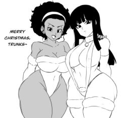 Rule 34 | 1boy, 2girls, afro, alternate breast size, bare legs, breasts, cameltoe, curvy, dark-skinned female, dark skin, darwaarts, dragon ball, dragon ball super, elbow gloves, english text, gloves, hetero, highleg, highleg leotard, highres, large breasts, leotard, long ears, looking at another, looking at viewer, mai (dragon ball), merry christmas, monochrome, multiple girls, rulah (dragon ball), simple background, slingshot swimsuit, swimsuit, thighhighs, white background, wide hips