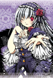Rule 34 | 1girl, black ribbon, black wings, blush, breasts, buttons, center frills, comiket 80, commentary request, cowboy shot, feathered wings, flower, frilled hairband, frilled shirt, frilled sleeves, frills, gothic lolita, grey hair, hair ribbon, hairband, high-waist skirt, lolita fashion, lolita hairband, long hair, looking at viewer, medium bangs, medium breasts, morinaga hinase, neck ribbon, open mouth, purple background, purple hairband, purple skirt, reaching, reaching towards viewer, red eyes, red flower, red rose, ribbon, rose, rozen maiden, shirt, skirt, smile, solo, suigintou, white shirt, wide sleeves, wings