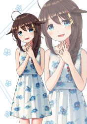 Rule 34 | 1girl, ahoge, azu (azusayumix), bare arms, bare shoulders, blue eyes, blush, braid, brown hair, collarbone, commentary request, dress, fingernails, floral print, hair between eyes, hair flaps, hair ornament, hair over shoulder, head tilt, interlocked fingers, kantai collection, long hair, own hands together, print dress, shigure (kancolle), shigure kai ni (kancolle), sidelocks, simple background, single braid, sleeveless, sleeveless dress, solo, white background, white dress, zoom layer