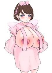 Rule 34 | 1girl, absurdres, areola slip, blush, breast curtains, breasts, brown hair, cleavage, dress, earrings, fairy wings, female focus, hair ribbon, heart, heart earrings, heart pasties, highres, huge breasts, jewelry, large areolae, looking at viewer, mimiru6969, oppai loli, original, pasties, pink dress, pink pasties, pink ribbon, purple eyes, ribbon, short hair, smile, solo, standing, thick thighs, thighs, white background, wings
