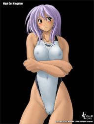 Rule 34 | 2002, black background, blush, breasts, brown eyes, cameltoe, cleft of venus, competition swimsuit, covered erect nipples, covered navel, crossed arms, high cut kingdom, highleg, highleg swimsuit, large breasts, nipples, nyanko batake, one-piece swimsuit, purple hair, see-through, speedo (company), swimsuit