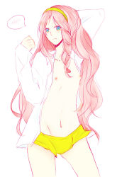 Rule 34 | 10s, 1boy, bulge, hairband, long hair, male focus, nipples, open clothes, open shirt, pink hair, shirt, simple background, solo, trap, tsukimiya ringo, uta no prince-sama