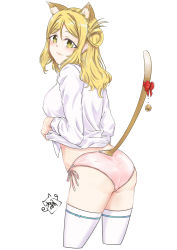 Rule 34 | 10s, 1girl, :3, akira miku ver, animal ears, artist name, bell, blonde hair, braid, cat ears, cat tail, closed mouth, clothes lift, commentary, cropped legs, dress shirt, from behind, gluteal fold, highres, kemonomimi mode, leaning forward, lifted by self, lips, long sleeves, looking at viewer, looking back, love live!, love live! sunshine!!, medium hair, ohara mari, panties, pink panties, print thighhighs, ribbon, shirt, shirt lift, side-tie panties, signature, simple background, single horizontal stripe, smile, solo, standing, swept bangs, tail, tail bell, tail ornament, tail ribbon, thighhighs, thighs, underwear, white background, white shirt, white thighhighs, yellow eyes