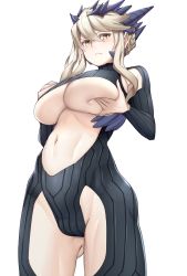Rule 34 | 1girl, artoria pendragon (fate), artoria pendragon (lancer alter) (fate), blonde hair, blush, breasts, cleavage, closed mouth, cowboy shot, fate/grand order, fate (series), frown, hair between eyes, horns, large breasts, looking at viewer, michihasu, navel, no panties, short hair, simple background, solo, standing, stomach, underboob, white background, yellow eyes