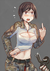 Rule 34 | 1girl, belt, belt buckle, blue eyes, blush, breasts, brown hair, buckle, camouflage, cleavage, cleavage cutout, clothes pull, clothing cutout, erica (naze1940), flying sweatdrops, glint, highres, large breasts, long sleeves, meme attire, middle finger, military, military uniform, navel, open-chest sweater, open mouth, original, pants, parted bangs, scissors, shirt pull, short hair, solo focus, strap, sweater, tears, teeth, uniform, zipper