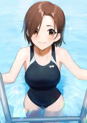 Rule 34 | 1girl, absurdres, black one-piece swimsuit, breasts, brown eyes, brown hair, collarbone, commentary request, competition swimsuit, cowboy shot, from above, highres, idolmaster, idolmaster cinderella girls, logo, looking at viewer, medium breasts, mizuki seira, onao, one-piece swimsuit, pool ladder, short hair, solo, sparkle, swimsuit, water