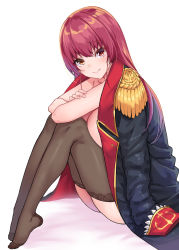 Rule 34 | 1girl, black thighhighs, breasts, closed mouth, crossed arms, epaulettes, from side, full body, hair down, heterochromia, hololive, houshou marine, houshou marine (1st costume), jacket, jacket on shoulders, knees to chest, large breasts, long hair, looking at viewer, mushi024, nude, red eyes, red hair, sitting, smile, solo, thighhighs, virtual youtuber, yellow eyes