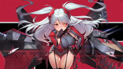 Rule 34 | 1girl, adapted costume, azur lane, black gloves, black thighhighs, blush, breasts, brown eyes, covered navel, covering own mouth, cowboy shot, cross, duan henglong, foreshortening, garter straps, gloves, grey leotard, groin, hand on own hip, hand up, headgear, highres, iron cross, large breasts, leaning forward, leotard, long hair, long sleeves, looking at viewer, machinery, multicolored hair, nose blush, one eye closed, prinz eugen (azur lane), red hair, sideboob, silver hair, solo, standing, streaked hair, swept bangs, thigh gap, thighhighs, thighs, turret, two side up, v-shaped eyebrows, very long hair