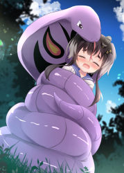 Rule 34 | 1girl, anchor symbol, arbok, black hair, blue sailor collar, blush, bound, cloud, commentary request, commission, constriction, creatures (company), crossover, crying, day, forked tongue, game freak, gen 1 pokemon, grass, grey hair, kantai collection, multicolored hair, nintendo, nose blush, open mouth, outdoors, pokemon, pokemon (creature), sailor collar, short hair with long locks, skeb commission, sky, tears, tokitsukaze (kancolle), tongue, umi suzume