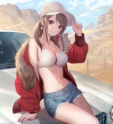 Rule 34 | 1girl, arm support, bare shoulders, baseball cap, bikini, bikini top only, blue sky, breasts, brown eyes, brown hair, buttons, car, cleavage, closed mouth, cloud, collarbone, cutoffs, day, denim, denim shorts, desert, earrings, fur-trimmed jacket, fur trim, hand on headwear, hand up, hat, head tilt, highres, jacket, jewelry, lipstick, long hair, long sleeves, looking at viewer, makeup, medium breasts, motor vehicle, nail polish, navel, off shoulder, on vehicle, open clothes, open jacket, original, outdoors, puffy sleeves, red jacket, red nails, short shorts, shorts, sidelocks, sitting, sky, solo, stomach, swept bangs, swimsuit, teffish, thighs, white bikini, white hat, zipper