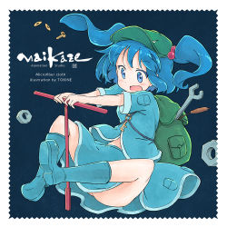 Rule 34 | 1girl, artist name, backpack, bag, blue eyes, blue footwear, blue hair, blush, boots, convenient censoring, english text, full body, hair bobbles, hair ornament, hat, kawashiro nitori, key, matching hair/eyes, md5 mismatch, open mouth, outstretched arms, rubber boots, screw, screwdriver, shirt, short sleeves, skirt, skirt set, smile, solo, string, tokine (maikaze), touhou, twintails, two side up, wrench
