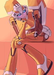 Rule 34 | 1girl, arcee, autobot, backpack, bag, blue eyes, boots, breasts, colored skin, ebirdwatching, head rest, highres, humanoid robot, looking at viewer, medium breasts, metal skin, panties, pink panties, robot, sitting, solo, transformers, transformers animated, underwear