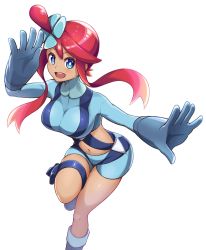 Rule 34 | 1girl, :d, blue eyes, blue footwear, blue gloves, blue jacket, blue shorts, blush, boots, breasts, bright pupils, commentary request, creatures (company), cropped jacket, dark-skinned female, dark skin, floating hair, game freak, gloves, hair ornament, highres, hyoe (hachiechi), jacket, knees, leg up, looking at viewer, navel, nintendo, one side up, open mouth, pokemon, pokemon bw, pouch, red hair, shiny skin, short hair with long locks, short shorts, shorts, sidelocks, skindentation, skyla (pokemon), smile, solo, teeth, thigh pouch, tongue, turtleneck, upper teeth only, white background, white pupils