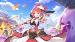 Rule 34 | 1girl, akino (princess connect!), breasts, choker, cleavage, cross-laced clothes, cross-laced dress, cygames, flaming sword, flaming weapon, hair ribbon, long skirt, monster, official art, princess connect!, purple eyes, red hair, ribbon, skirt, solo, sword, tiara, weapon