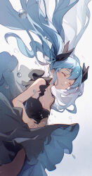 Rule 34 | 1girl, absurdres, air bubble, bare shoulders, black dress, black ribbon, blue hair, breasts, bubble, cleavage, closed eyes, closed mouth, cloudyman, commentary request, dress, hair ribbon, hands on own stomach, hatsune miku, highres, own hands together, ribbon, shinkai shoujo (vocaloid), small breasts, solo, twintails, upper body, vocaloid