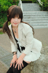 Rule 34 | 1girl, asian, blazer, breasts, brown eyes, brown hair, brown nails, cleavage, hands on thighs, jacket, jewelry, kipi-san, long hair, looking at viewer, miniskirt, outdoors, pendant, photo (medium), pleated skirt, ring, sitting, skirt, skirt set, small breasts, smile, solo, thighhighs, twintails, zettai ryouiki