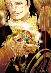 Rule 34 | 1boy, amputee, ascot, biliken, black hair, cigar, coat, coin, crocodile (one piece), formal, fur coat, gold, grin, hook hand, jewelry, looking away, male focus, necklace, one piece, ring, scar, smile, smoking, solo, suit, treasure, yellow eyes