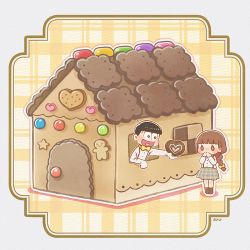 Rule 34 | 10s, 1boy, 1girl, :d, ayu (mog), bad id, bad pixiv id, black hair, bow, bowtie, braid, brown eyes, brown hair, candy, chocolate, chocolate heart, covering own mouth, food, gingerbread house, heart, heart in mouth, jyushimatsu&#039;s girlfriend, lowres, matsuno jyushimatsu, open mouth, osomatsu-kun, osomatsu-san, osomatsu (series), plaid, plaid skirt, single braid, skirt, sleeves past wrists, smile