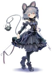 Rule 34 | 1girl, alternate costume, animal ears, ankle cuffs, black bow, black dress, black footwear, black pantyhose, bow, commentary request, dowsing rod, dress, frills, full body, gothic lolita, grey hair, hairband, highres, holding, ishikkoro, jewelry, key, lolita fashion, looking at viewer, mouse (animal), mouse ears, mouse tail, nazrin, pantyhose, pendant, red eyes, shoes, short hair, simple background, smile, solo, standing, tail, touhou, white background, wrist cuffs