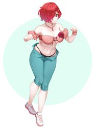 Rule 34 | 1girl, absurdres, black panties, blue pants, bra, breasts, character request, cleavage, closed mouth, collarbone, commentary request, commission, copyright request, flower, frilled bra, frills, hair over one eye, highres, jewelry, m.tokotsu, medium breasts, midriff, navel, necklace, open fly, orange bra, panties, pants, pixiv commission, red eyes, red flower, red hair, red rose, rose, short hair, solo, stomach, underwear, white footwear, wristband