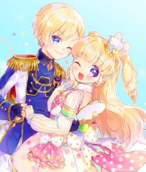 Rule 34 | 1boy, 1girl, ;d, aiguillette, blonde hair, blue eyes, blue jacket, blush, bow, brother and sister, commentary request, dress, epaulettes, fake wings, gold trim, hand on own cheek, hand on own face, hand up, heart, holding hands, idol time pripara, jacket, long hair, long sleeves, looking at viewer, one eye closed, open mouth, pretty series, pripara, purple eyes, ringlets, short hair, siblings, smile, standing, star (symbol), star print, touyama soboro, two side up, white bow, white dress, white wings, wings, yumekawa shogo, yumekawa yui