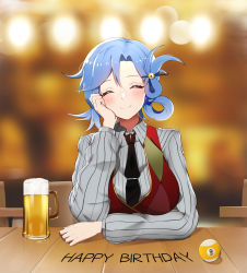 Rule 34 | 1girl, alcohol, bbuni, beer mug, blue hair, blurry, blurry background, blush, breasts, chiebukuro setsuka, closed eyes, closed mouth, collared shirt, commentary request, cup, danganronpa (series), facing viewer, grey sweater, hair ornament, hand on own cheek, hand on own face, happy birthday, highres, korean commentary, large breasts, long sleeves, mug, necktie, shirt, short hair, sitting, smile, solo, striped clothes, striped shirt, striped sweater, super danganronpa another 2, sweater, tie clip, upper body, vertical-striped clothes, vertical-striped shirt, vest, wing collar