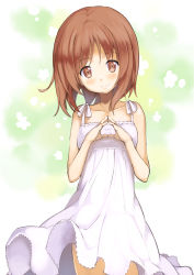 Rule 34 | 10s, 1girl, absurdres, bad id, bad pixiv id, blush, brown eyes, brown hair, collarbone, dress, girls und panzer, highres, long hair, maechuu, nishizumi miho, own hands together, smile, solo, sundress, white dress, wind, wind lift