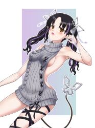 Rule 34 | 1girl, aran sweater, black hair, black ribbon, blush, bow, breasts, cable knit, commentary request, cowboy shot, demon girl, demon horns, demon tail, dress, dutch angle, earclip, grey sweater, hair bow, halterneck, highres, horns, kaduitutu, kojo anna, kojo anna (3rd costume), leg ribbon, long hair, looking at viewer, medium breasts, meme attire, multicolored hair, nanashi inc., official alternate costume, open mouth, outline, pointy ears, purple hair, ribbed sweater, ribbon, shiny skin, sideboob, smile, solo, sweater, sweater dress, tail, turtleneck, turtleneck sweater, twintails, two-tone hair, virgin killer sweater, virtual youtuber, white bow, white outline, yellow eyes
