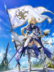 1girl armor armored_boots armored_dress black_ribbon black_thighhighs blonde_hair blue_eyes boots braid breasts chain closed_mouth dress fate_(series) flag fleur-de-lis full_body gauntlets hair_ribbon headpiece holding holding_sword holding_weapon jeanne_d&#039;arc_(fate) jeanne_d&#039;arc_(ruler)_(fate) knight large_breasts long_braid long_hair looking_at_viewer plackart purple_dress ribbon sheath sheathed simple_background single_braid solo standing sword thighhighs transparent_background very_long_hair weapon