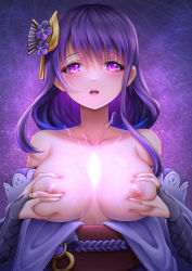 Rule 34 | 1girl, bare shoulders, grabbing another&#039;s breast, breasts, breasts out, bridal gauntlets, collarbone, commentary request, electricity, genshin impact, grabbing, hair ornament, hands on own breasts, highres, large breasts, long hair, looking at viewer, mole, mole under eye, nipples, obi, open mouth, purple eyes, purple hair, raiden shogun, royboy, sash, solo, teeth