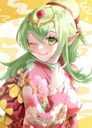 Rule 34 | 1girl, 2024, alternate costume, blush, breasts, chinese zodiac, closed mouth, commentary request, english text, fire emblem, fire emblem awakening, floral print, floral print kimono, green eyes, green hair, hair between eyes, hair ornament, hair ribbon, hand on own chest, happy new year, highres, japanese clothes, kimono, lips, long hair, looking at viewer, medium breasts, mixed-language commentary, nengajou, new year, nintendo, one eye closed, pink kimono, pink lips, pointy ears, ponytail, print kimono, red ribbon, ribbon, ryoku illus, sidelocks, smile, solo, tiki (adult) (fire emblem), tiki (fire emblem), wide sleeves, year of the dragon, yellow background