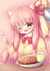 Rule 34 | 1girl, ;d, animal ear fluff, animal ears, bad id, bad pixiv id, blush, bow, bowtie, brown background, brown eyes, brown sweater, cat ears, collared shirt, curry, fang, food, fork, hair ornament, hair ribbon, hand up, head tilt, highres, holding, holding fork, holding plate, kemonomimi mode, kotonoha akane, long hair, long sleeves, meat, one eye closed, open mouth, pink hair, plate, red bow, red bowtie, red ribbon, ribbon, shirt, sidelocks, simple background, smile, solo, sweater, table, upper body, very long hair, voiceroid, waste (arkaura), white shirt