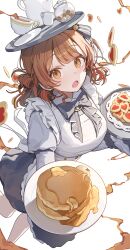 1girl blush bow bowtie brown_eyes brown_hair cookie cup floating_food food gakuen_idolmaster grey_bow grey_bowtie hair_bun hanami_ume heart heart-shaped_cookie heart-shaped_food highres holding holding_plate holding_tray idolmaster juliet_sleeves long_sleeves looking_at_viewer ningen_mame open_mouth pancake plate puffy_sleeves short_hair simple_background single_hair_bun single_side_bun solo teacup teapot tray white_background