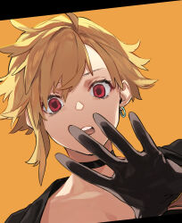 Rule 34 | 1girl, absurdres, black choker, black gloves, blonde hair, choker, earrings, gloves, highres, jewelry, leo (reiga), looking at viewer, open mouth, original, red eyes, reiga (act000), short hair, solo, upper body, wide-eyed, yellow background