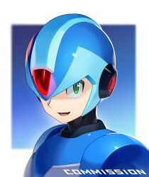 Rule 34 | 1boy, armor, blue armor, blue helmet, blurry, blurry background, buzzsaw (6631455), close-up, commentary, commission, forehead jewel, green eyes, highres, mega man (series), mega man x (series), shoulder armor, solo