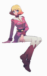 Rule 34 | 1girl, absurdres, belt, black belt, blonde hair, blue eyes, blunt ends, boots, closed mouth, expressionless, film grain, full body, gundam, hand rest, high collar, highres, invisible chair, jacket, knee boots, long sleeves, looking at viewer, military uniform, mobile suit gundam, pants, pin (penco co), pink jacket, red footwear, sayla mass, short hair, simple background, sitting, solo, uniform, white background, white pants