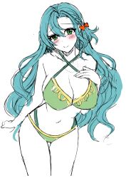 Rule 34 | 1girl, alternate costume, aqua hair, bare arms, bare shoulders, bikini, blue hair, blush, bow, breasts, chloe (fire emblem), cleavage, commentary request, cowboy shot, criss-cross halter, fire emblem, fire emblem engage, green bikini, green eyes, hair between eyes, hair bow, halterneck, hand on own chest, highres, large breasts, long hair, looking at viewer, navel, nintendo, orange bow, simple background, sketch, smile, solo, standing, stomach, swimsuit, tara (szzj7733), thighs, very long hair, white background