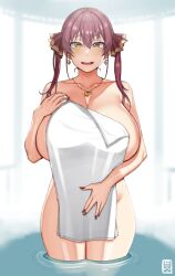 Rule 34 | 1girl, alternate breast size, bare shoulders, blush, breasts, cleavage, collarbone, covering privates, hair ribbon, handplug, heterochromia, highres, hololive, houshou marine, huge breasts, jewelry, long hair, looking at viewer, necklace, nude cover, open mouth, red eyes, red hair, red ribbon, ribbon, smile, solo, standing, thighs, towel, towel over breasts, twintails, virtual youtuber, wading, water, wet, yellow eyes
