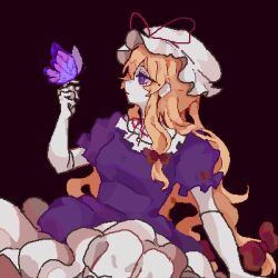 Rule 34 | 1girl, black background, blonde hair, bow, bug, butterfly, dress, frilled hat, frilled shirt collar, frilled sleeves, frills, hair bow, hat, hat ribbon, highres, holding, insect, long hair, looking away, looking to the side, mob cap, purple dress, purple eyes, red bow, red ribbon, ribbon, shindiyue, short sleeves, solo, touhou, yakumo yukari