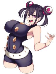 Rule 34 | 1girl, :d, absurdres, armpits, bare shoulders, belt, black hair, breasts, cropped legs, double bun, eyebrows, gesugao, hair bun, highres, hz (666v), large breasts, mao (camui kamui), multicolored hair, open mouth, original, outstretched hand, pink eyes, pink hair, simple background, sleeveless, smile, solo, streaked hair, white background, white belt