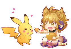 Rule 34 | 1girl, :d, ahoge, bare arms, bare shoulders, beige dress, blonde hair, blush, bracelet, chibi, chinese commentary, commentary request, creatures (company), crossover, dress, earmuffs, food, full body, game freak, gen 1 pokemon, hair between eyes, heart, holding, holding food, jewelry, jokanhiyou, looking at another, nintendo, open mouth, petticoat, pikachu, pointy hair, pokemon, pokemon (creature), short hair, simple background, sitting, smile, touhou, toyosatomimi no miko, white background, yellow eyes
