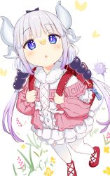 Rule 34 | 1girl, :o, absurdres, animal print, aqua eyes, backpack, bag, beads, blush, blush stickers, bug, butterfly, butterfly print, capelet, dress, floral print, frilled dress, frills, gradient hair, grey hair, hair beads, hair ornament, highres, holding strap, horns, insect, kanna kamui, kobayashi-san chi no maidragon, looking at animal, mary janes, multicolored hair, pink capelet, purple hair, randoseru, red bag, red footwear, shoes, sidelocks, simple background, solo, tail, thighhighs, tsubameno, twintails, two-tone dress, white horns, white thighhighs