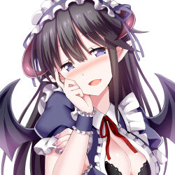 Rule 34 | 1girl, :d, black bra, black hair, black wings, blue dress, blush, bra, breasts, character request, chouhakai!! barbarossa, cleavage, collared dress, dress, givuchoko, hair between eyes, hand up, head tilt, highres, horns, large breasts, long hair, looking at viewer, neck ribbon, nose blush, open mouth, pointy ears, puffy short sleeves, puffy sleeves, purple eyes, red ribbon, ribbon, short sleeves, simple background, smile, solo, underwear, upper body, white background, wings, wrist cuffs