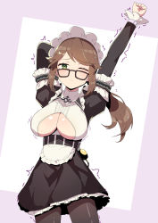 Rule 34 | 1girl, absurdres, arm up, black dress, black pantyhose, blush, breast cutout, breasts, brown hair, cleavage, clothing cutout, constantia s2, dress, glasses, green eyes, highres, large breasts, last origin, looking at viewer, maid, manglifer, motion lines, one eye closed, pantyhose, ponytail, round eyewear, solo, stretching, underboob cutout