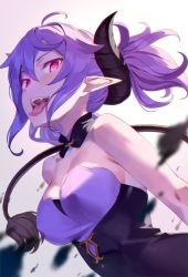 Rule 34 | 1girl, bare shoulders, breasts, collarbone, demon girl, demon horns, demon tail, detached collar, dress, fangs, glowing, glowing eyes, highres, horns, kinta (distortion), leaning forward, long hair, looking at viewer, medium breasts, multiple views, open mouth, original, pantyhose, pointy ears, purple hair, red eyes, shoes, smile, strapless, strapless dress, tail, tongue, tongue out, tsurime